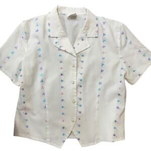 Vtg Dainty Floral Embroidered Flower Button Coquette Top Womens S Feminine Sweet